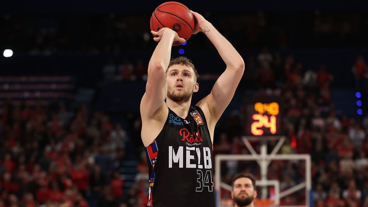 PERTH, AUSTRALIA - JUNE 20: Jock Landale of Melbourne United shoots a free throw during game two of the NBL Grand Final Series between the Perth Wildcats and Melbourne United at RAC Arena, on June 20, 2021, in Perth, Australia.