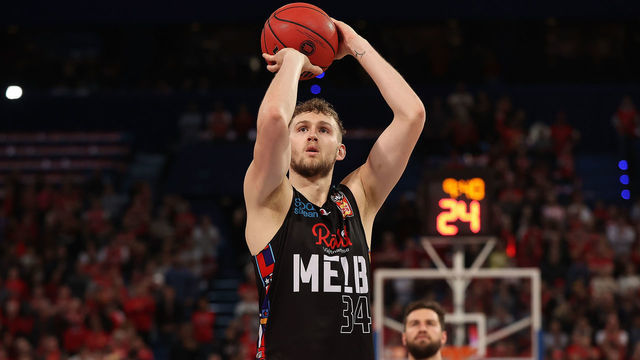 PERTH, AUSTRALIA - JUNE 20: Jock Landale of Melbourne United shoots a free throw during game two of the NBL Grand Final Series between the Perth Wildcats and Melbourne United at RAC Arena, on June 20, 2021, in Perth, Australia.