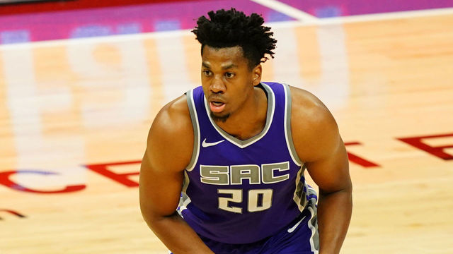 SACRAMENTO, CALIFORNIA - APRIL 20: Hassan Whiteside #20 of the Sacramento Kings handles the ball during the game against the Minnesota Timberwolves at Golden 1 Center on April 20, 2021 in Sacramento, California.
