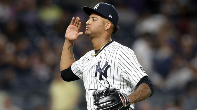 NEW YORK, NEW YORK - AUGUST 03: Luis Gil #81 of the New York Yankees reacts after getting the last out of the sixth inning against the Baltimore Orioles at Yankee Stadium on August 03, 2021 in New York City.