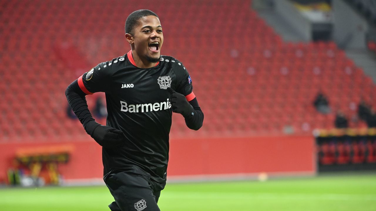 Bayer Leverkusen's Jamaican forward Leon Bailey celebrates scoring the opening goal during the UEFA Europa League Group C football match between Bayer 04 Leverkusen and SK Slavia Prague in Leverkusen, western Germany, on December 10, 2020.