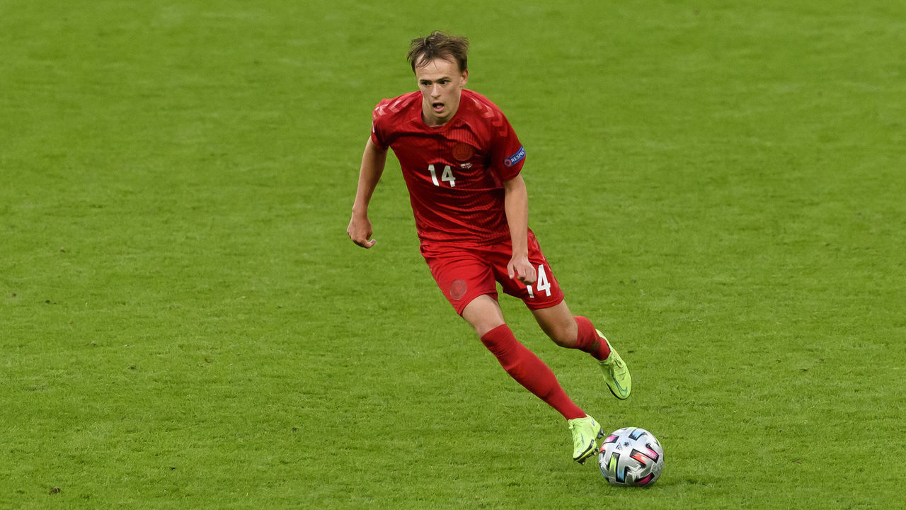 LONDON, ENGLAND - JULY 07: (BILD ZEITUNG OUT) Mikkel Damsgaard of Denmark controls the ball during the UEFA Euro 2020 Championship Semi-final match between England and Denmark at Wembley Stadium on July 7, 2021 in London, United Kingdom.