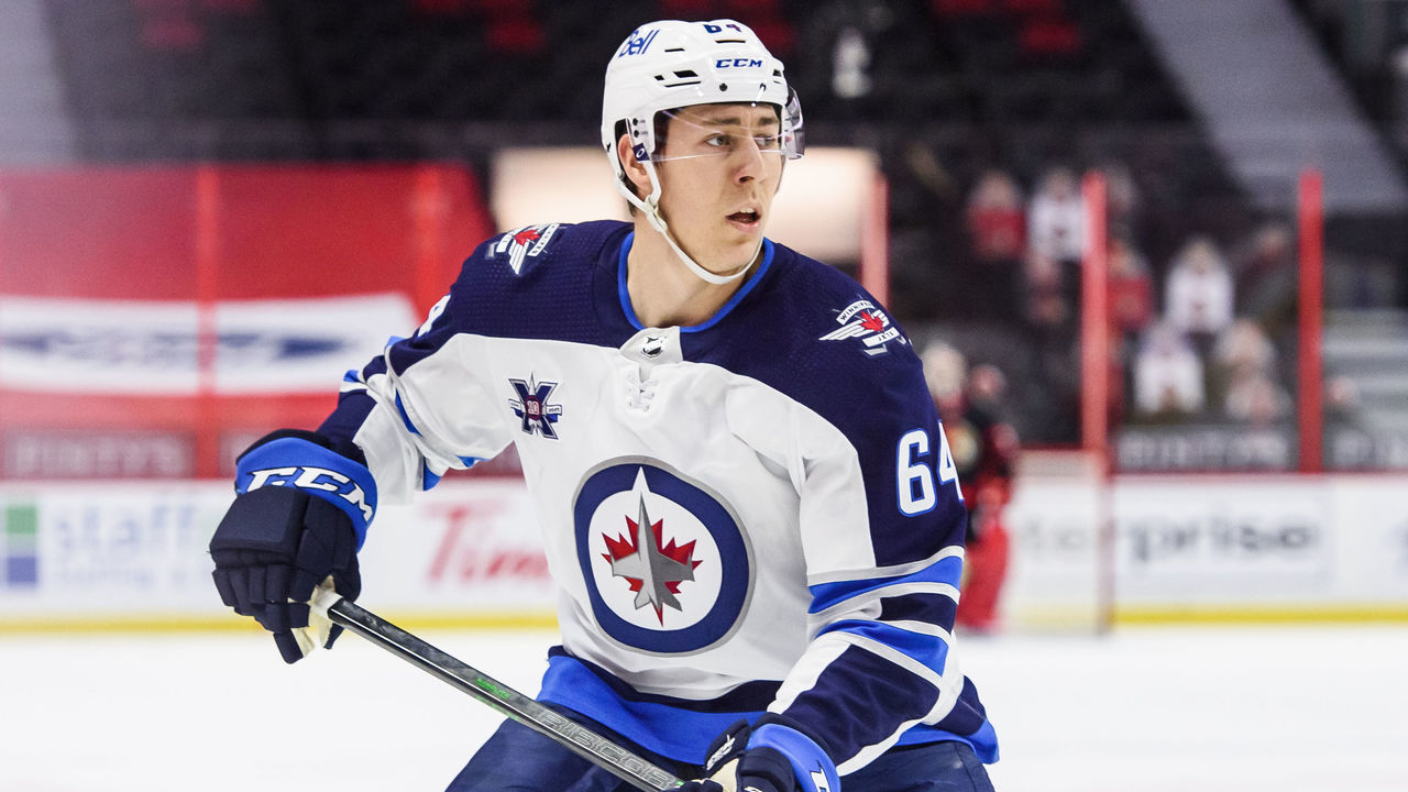 OTTAWA, ON - MAY 03: Winnipeg Jets Defenceman Logan Stanley (64) skates during the second period of the NHL game between the Ottawa Senators and the Winnipeg Jets on May 03, 2021 at the Canadian Tire Centre in Ottawa, Ontario, Canada.