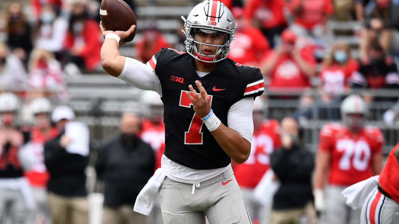 COLUMBUS, OH - APRIL 17: Quarterback C.J. Stroud #7 of the Ohio State Buckeyes in action during the Spring Game at Ohio Stadium on April 17, 2021 in Columbus, Ohio.