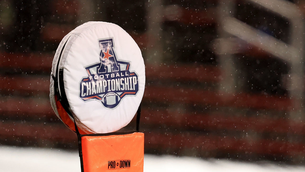 CINCINNATI, OHIO - DECEMBER 19: The American Athletic Conference Championship logo on a yard marker in the game between the Cincinnati Bearcats and the Tulsa Golden Hurricane at Nippert Stadium on December 19, 2020 in Cincinnati, Ohio.