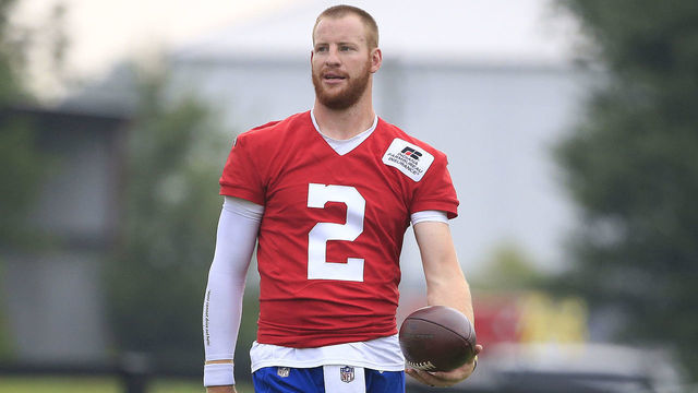 WESTFIELD, INDIANA - JULY 28: Carson Wentz #2 of the Indianapolis Colts on the field during the Indianapolis Colts Training Camp at Grand Park on July 28, 2021 in Westfield, Indiana.