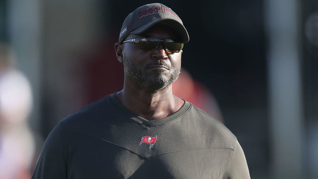 TAMPA, FL - AUG 01: Defensive Coordinator Todd Bowles watches the action on the field during the Tampa Bay Buccaneers Training Camp on August 01, 2021 at the AdventHealth Training Center at One Buccaneer Place in Tampa, Florida.