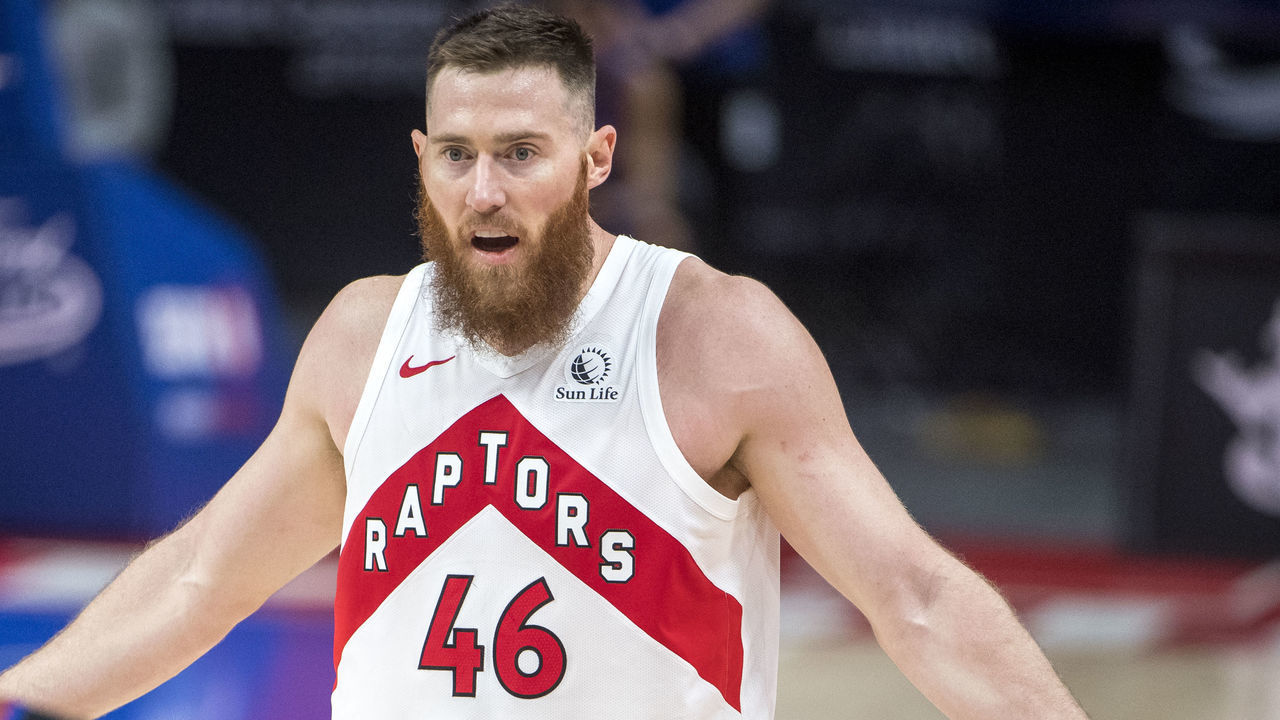 DETROIT, MICHIGAN - MARCH 17: Aron Baynes #46 of the Toronto Raptors argues with an official during the second quarter against the Detroit Pistons at Little Caesars Arena on March 17, 2021 in Detroit, Michigan.