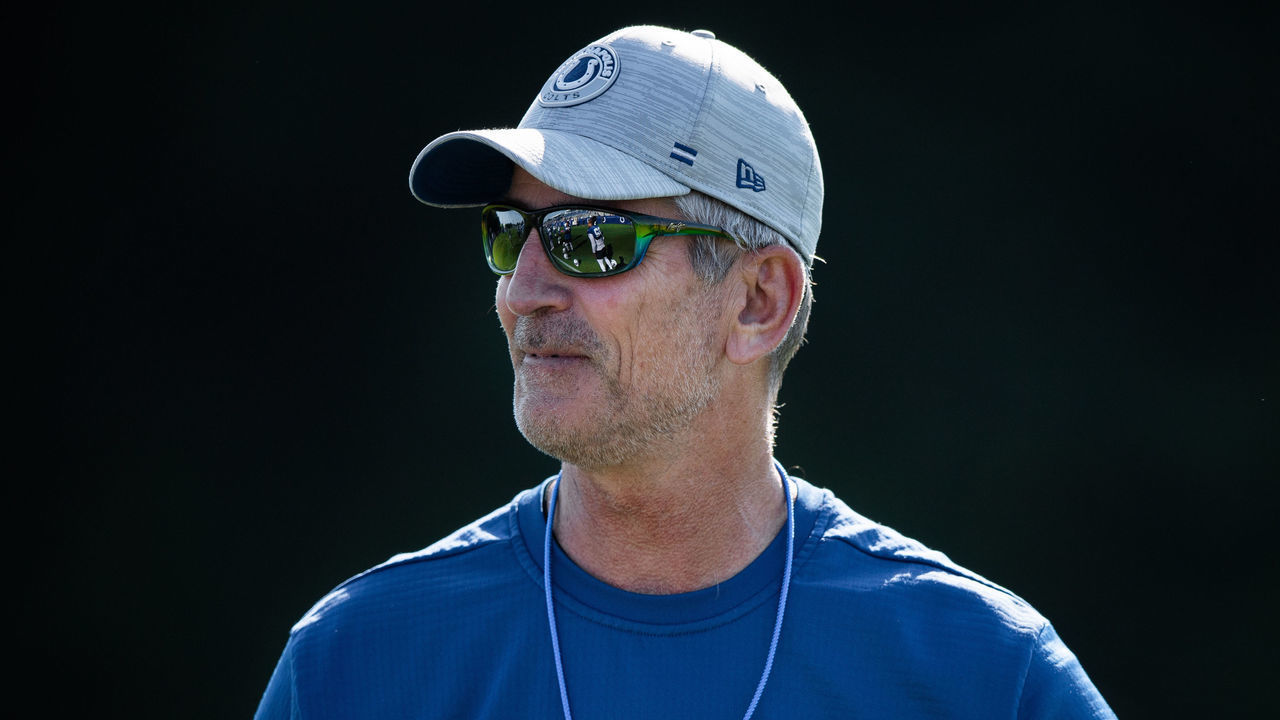 WESTFIELD, IN - AUGUST 02: Indianapolis Colts head coach Frank Reich watches a drill during the Indianapolis Colts training camp practice on August 2, 2021 at Grand Park Sports Complex in Westfield, IN.