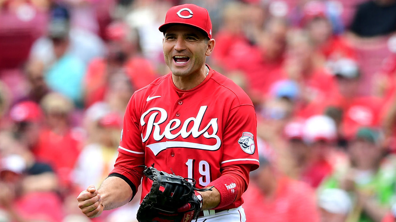 CINCINNATI, OHIO - AUGUST 04: Joey Votto #19 of the Cincinnati Reds celebrates a double play in the sixth inning during their game against the Minnesota Twins at Great American Ball Park on August 04, 2021 in Cincinnati, Ohio.
