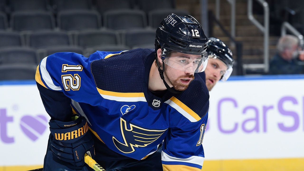 ST. LOUIS, MO - APRIL 5: Zach Sanford #12 of the St. Louis Blues looks on during a game against the Vegas Golden Knights on April 5, 2021 at the Enterprise Center in St. Louis, Missouri.