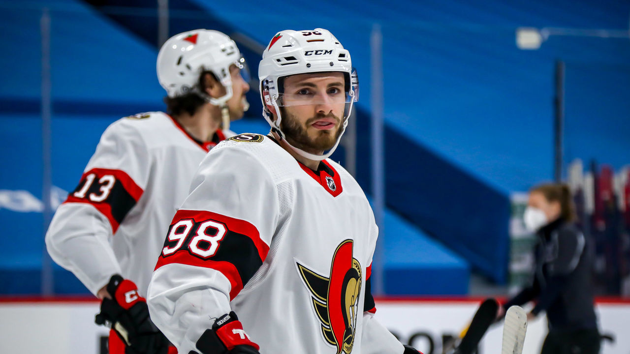 WINNIPEG, MB - MAY 8: Victor Mete #98 of the Ottawa Senators looks on during a first period stoppage in play against the Winnipeg Jets at the Bell MTS Place on May 8, 2021 in Winnipeg, Manitoba, Canada.