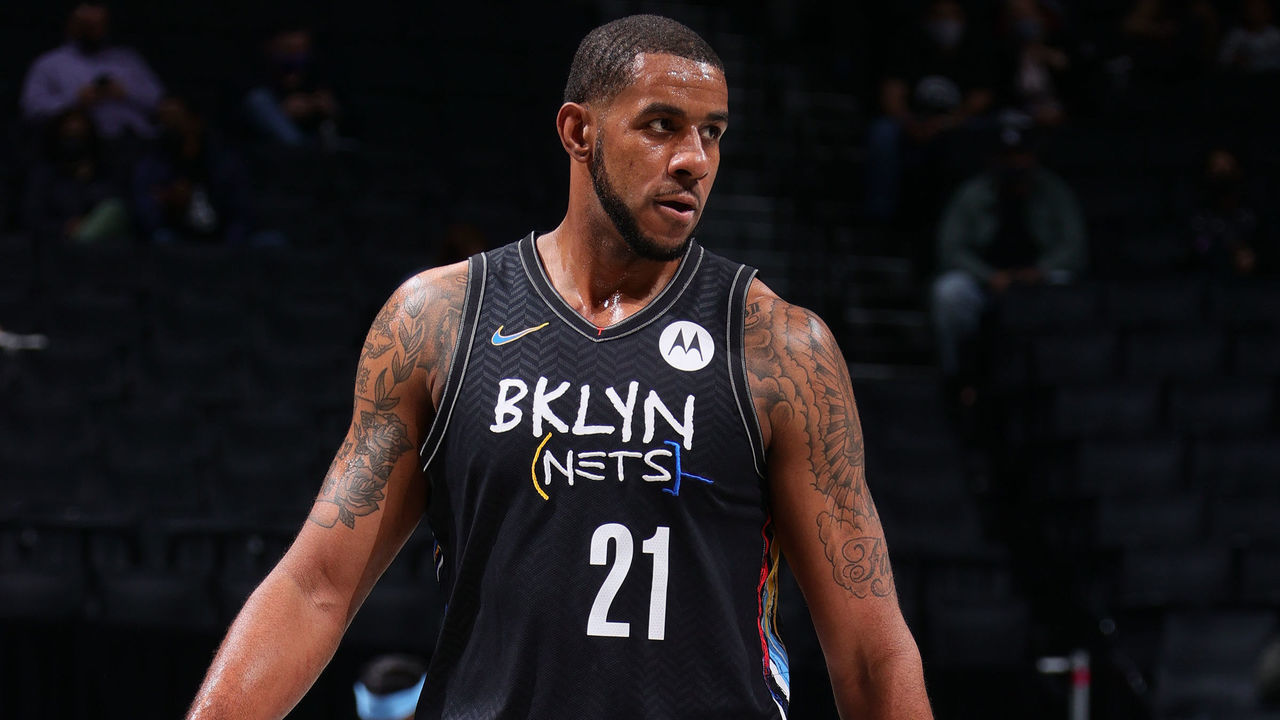 BROOKLYN, NY - APRIL 10: LaMarcus Aldridge #21 of the Brooklyn Nets looks on during the game against the Los Angeles Lakers on April 10, 2021 at Barclays Center in Brooklyn, New York. Mandatory Copyright Notice: Copyright 2021 NBAE