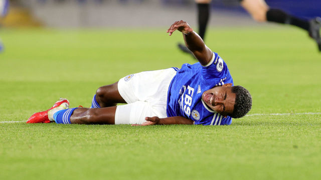LEICESTER, ENGLAND - AUGUST 04: Wesley Fofana of Leicester City lays injured before being forced off during the Pre-Season Friendly between Leicester City and Villarreal at King Power Stadium on August 4, 2021 in Leicester, England.