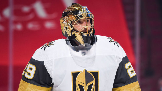 MONTREAL, QC - JUNE 24: Look on Las Vegas Golden Knights goalie Marc-Andre Fleury (29) at warm-up before the NHL Stanley Cup Playoffs Semifinals game 6 between the Las Vegas Golden Knights versus the Montreal Canadiens on June 24, 2021, at Bell Centre in Montreal, QC