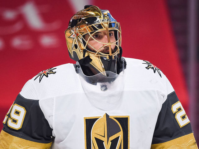 MONTREAL, QC - JUNE 24: Look on Las Vegas Golden Knights goalie Marc-Andre Fleury (29) at warm-up before the NHL Stanley Cup Playoffs Semifinals game 6 between the Las Vegas Golden Knights versus the Montreal Canadiens on June 24, 2021, at Bell Centre in Montreal, QC