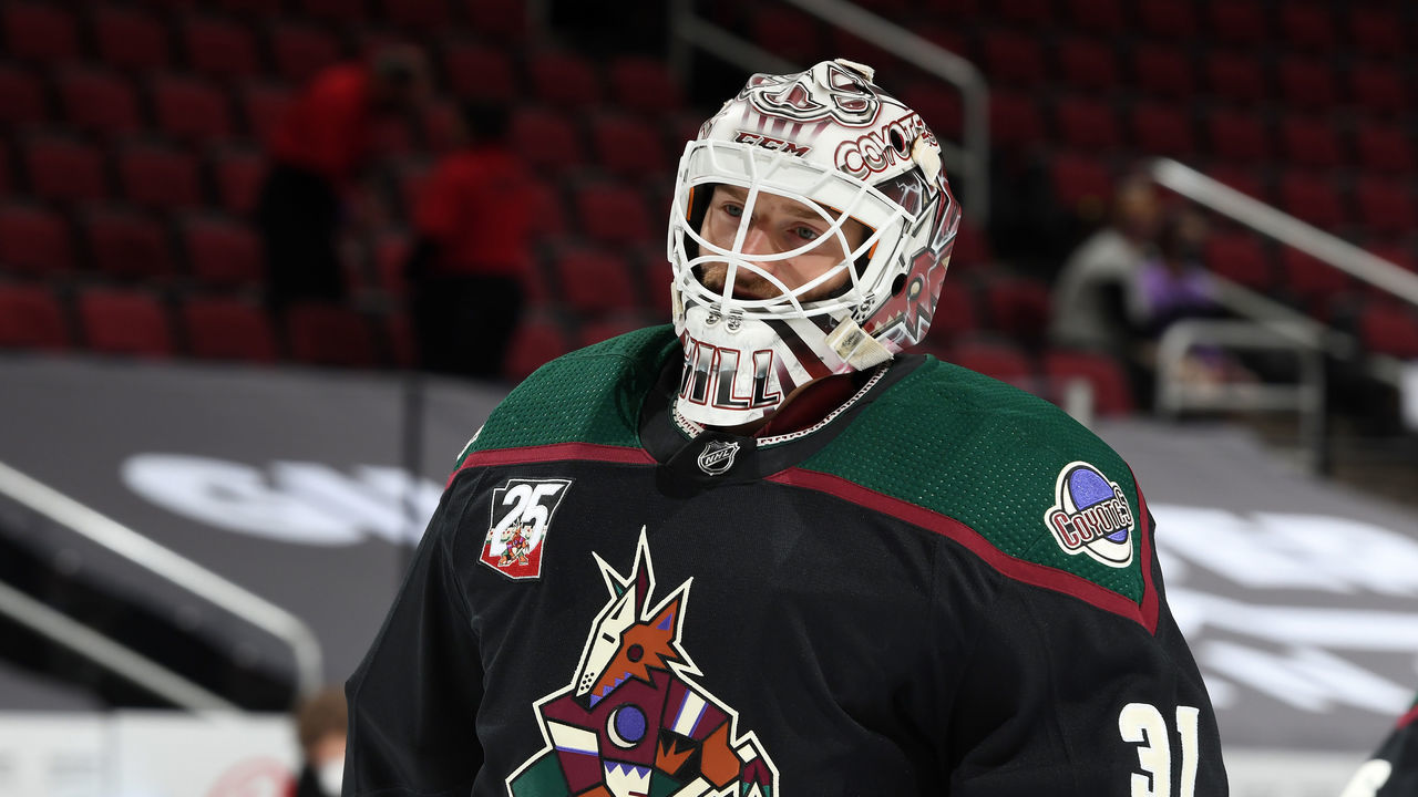 GLENDALE, ARIZONA - MAY 03: Adin Hill #31 of the Arizona Coyotes prepares for a game against the Los Angeles Kings at Gila River Arena on May 03, 2021 in Glendale, Arizona.