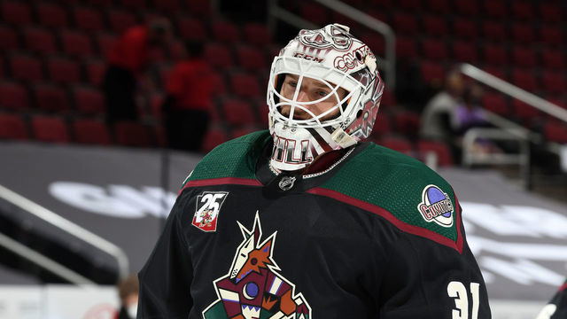 GLENDALE, ARIZONA - MAY 03: Adin Hill #31 of the Arizona Coyotes prepares for a game against the Los Angeles Kings at Gila River Arena on May 03, 2021 in Glendale, Arizona.