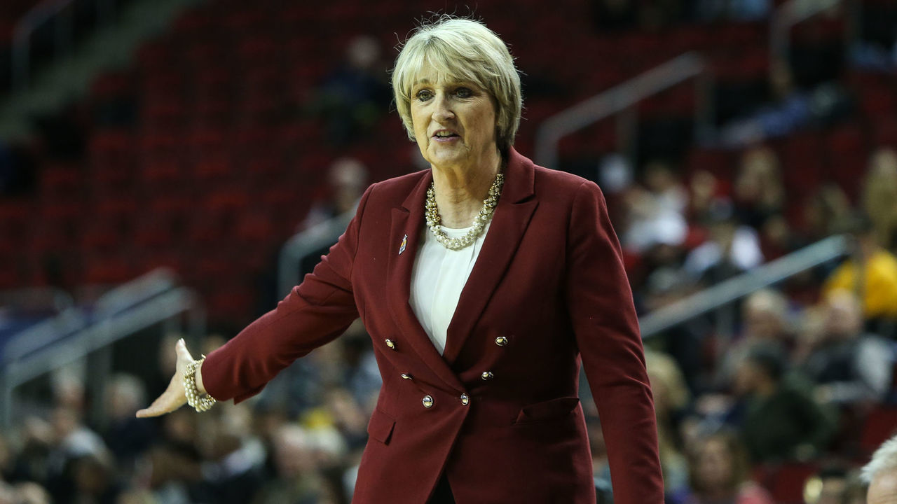 SEATTLE, WA - MARCH 02: WSU Cougars head coach June Daugherty during the woman's Pac 12 college tournament game between the Colorado Buffaloes and the WSU Cougars on March 02, 2017, at the Key Arena in Seattle, WA.