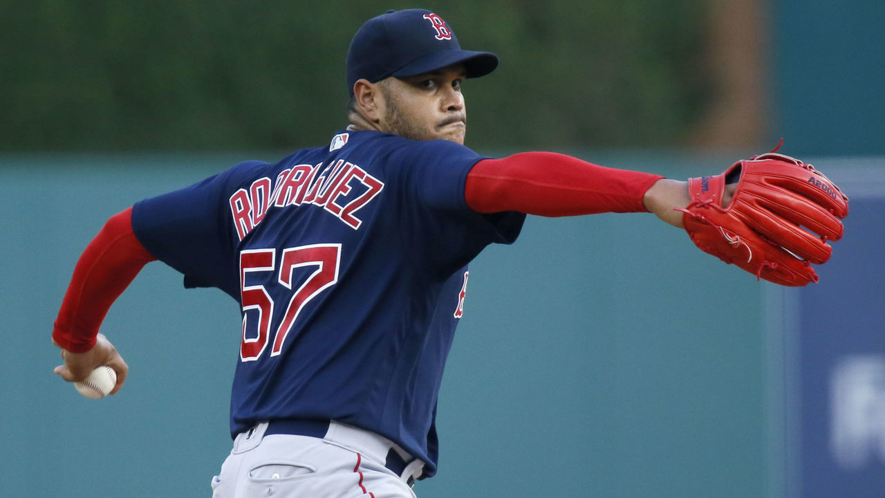 DETROIT, MI - AUGUST 4: Starting pitcher Eduardo Rodriguez #57 of the Boston Red Sox delivers a pitch against the Detroit Tigers during the second inning at Comerica Park on August 4, 2021, in Detroit, Michigan.