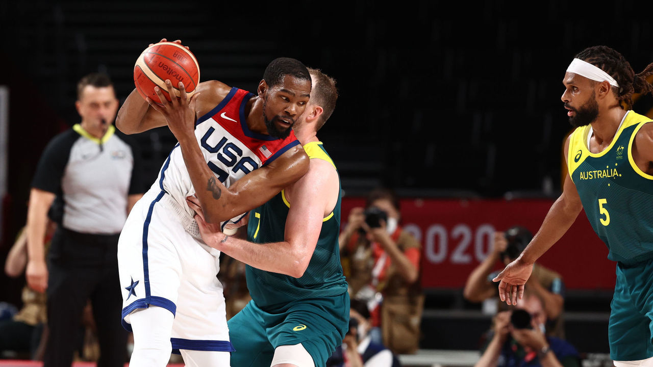 TOKYO, JAPAN - AUGUST 5: Kevin Durant #7 of the USA Men's National Team looks to drive against Team Australia in the mens semifinal round at the Super Saitama Arena on August 5, 2021 in Tokyo, Japan.