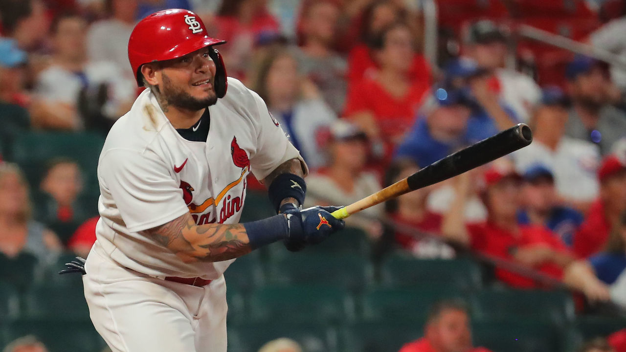 ST LOUIS, MO - JULY 21: Yadier Molina #4 of the St. Louis Cardinals hits a walk-off single against the Chicago Cubs in the tenth inning at Busch Stadium on July 21, 2021 in St Louis, Missouri.