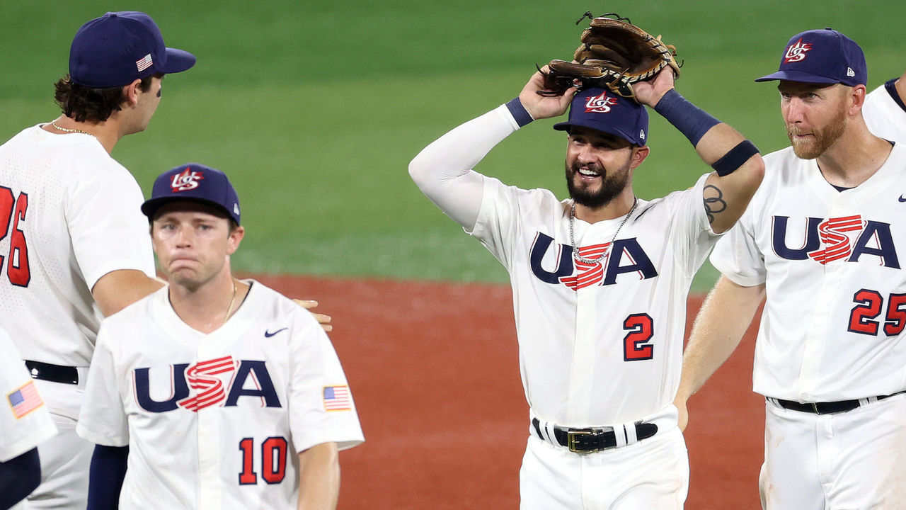 YOKOHAMA, JAPAN - AUGUST 05: Eddy Alvarez #2 of Team United States celebrates after defeating Team Republic of Korea 7-2 in the semifinals of the men's baseball on day thirteen of the Tokyo 2020 Olympic Games at Yokohama Baseball Stadium on August 05, 2021 in Yokohama, Japan.