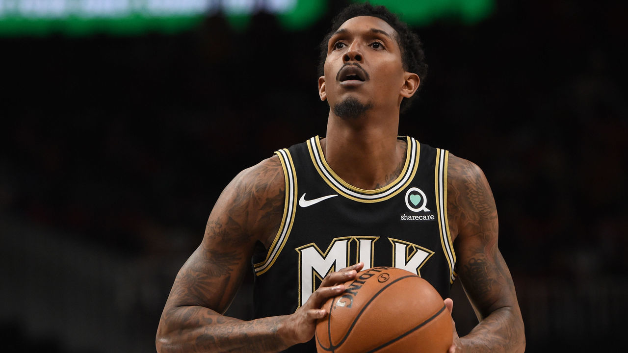 ATLANTA, GA - JULY 3: Lou Williams #6 of the Atlanta Hawks looks on during the game against the Milwaukee Bucks during Game 6 of the Eastern Conference Finals of the 2021 NBA Playoffs on July 3, 2021 at State Farm Arena in Atlanta, Georgia. NOTE TO USER: User expressly acknowledges and agrees that, by downloading and/or using this Photograph, user is consenting to the terms and conditions of the Getty Images License Agreement. Mandatory Copyright Notice: Copyright 2021 NBAE