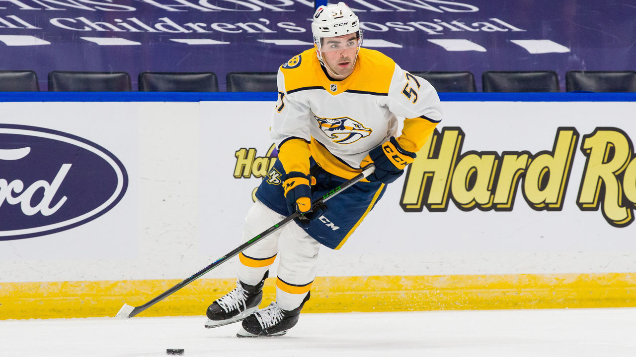TAMPA, FL - JANUARY 30: Dante Fabbro #57 of the Nashville Predators against the Tampa Bay Lightning during the first period at Amalie Arena on January 30, 2021 in Tampa, Florida.