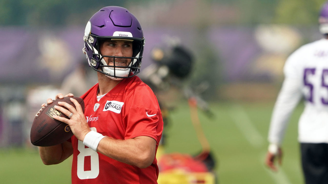 EAGAN, MN - JULY 29: Minnesota Vikings quarterback Kirk Cousins (8) looks to pass during training camp at Twin Cities Orthopedics Performance Center in Eagan, MN on July 29, 2021.