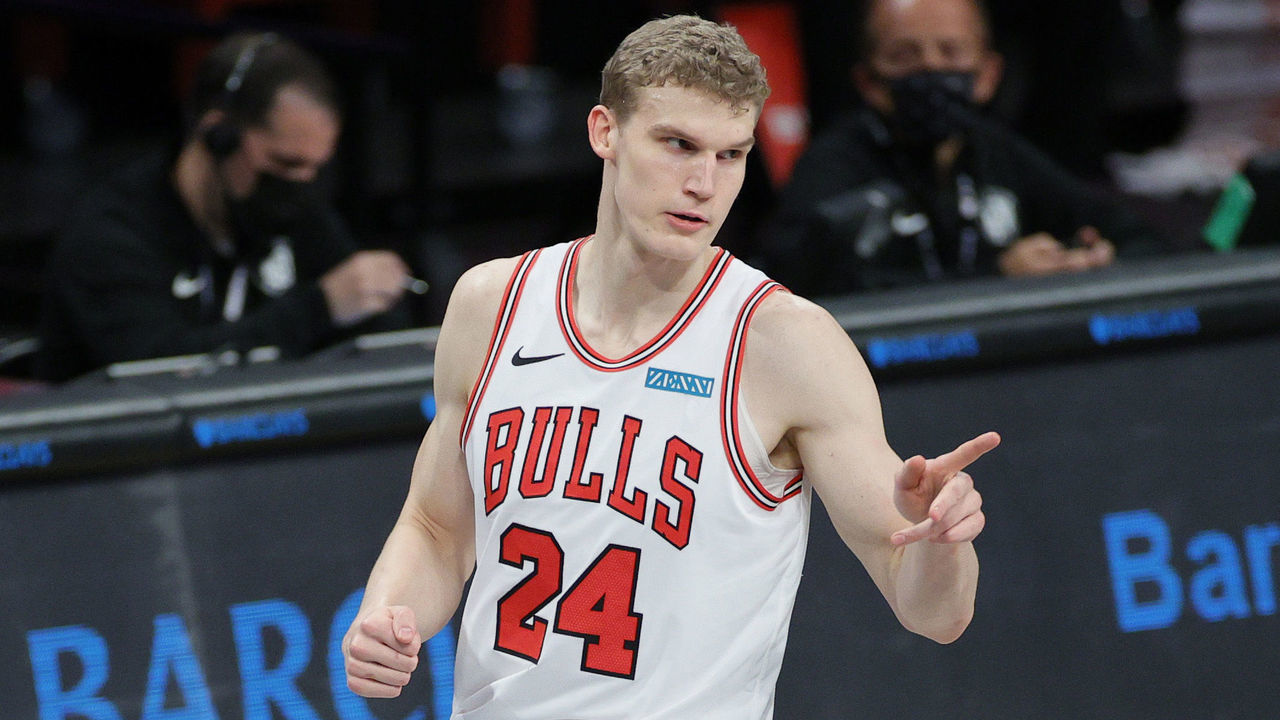 NEW YORK, NEW YORK - MAY 15: Lauri Markkanen #24 of the Chicago Bulls reacts during the first half against the Brooklyn Nets at Barclays Center on May 15, 2021 in the Brooklyn borough of New York City.