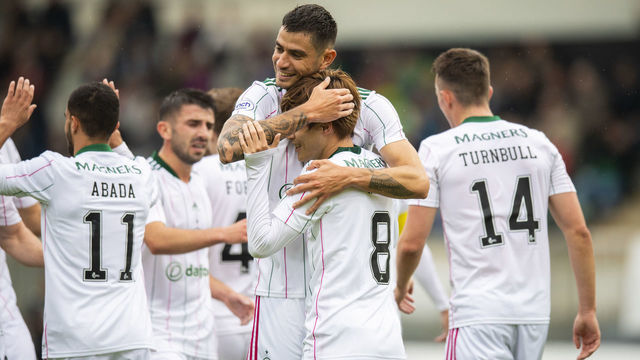 JABLONEC NAD NISOU, CZECH REPUBLIC - AUGUST 05: Celtic's Kyogo Furuhashi celebrates making it 2-0 with teammates during a Europa League Third Qualifying Round match between FK Jablonec and Celtic at the Stadion Strelnice, on August 05, 2021, in Jablonec nad Nisou, Czech Republic.