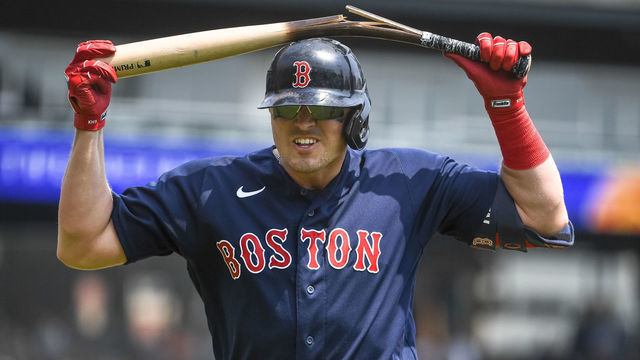 DETROIT, MICHIGAN - AUGUST 05: Hunter Renfroe #10 of the Boston Red Sox breaks a baseball hat over his head against the Detroit Tigers during the top of the fourth inning at Comerica Park on August 05, 2021 in Detroit, Michigan.