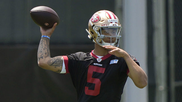 SANTA CLARA, CALIFORNIA - MAY 14: Trey Lance #5 of the San Francisco 49ers works out during an OTA rookie mini camp at Levi Stadium on May 14, 2021 in Santa Clara, California.