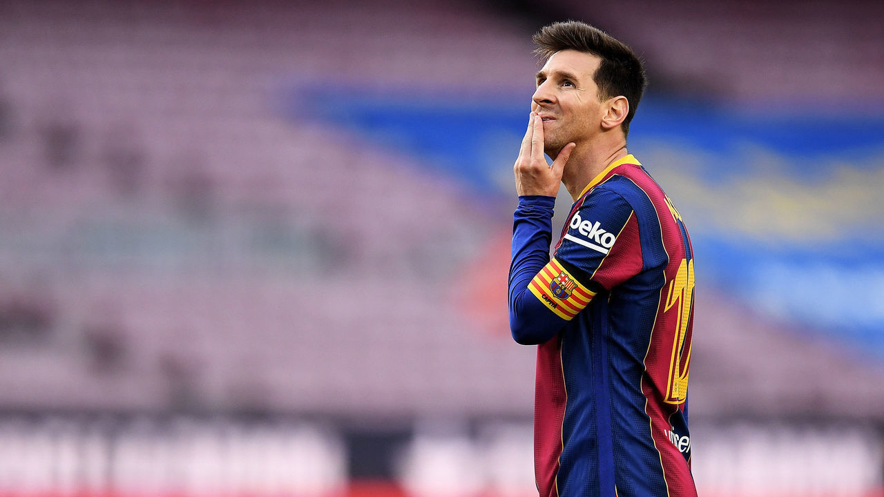 BARCELONA, SPAIN - MAY 16: Lionel Messi of FC Barcelona looks on during the La Liga Santander match between FC Barcelona and RC Celta at Camp Nou on May 16, 2021 in Barcelona, Spain. Sporting stadiums around Spain remain under strict restrictions due to the Coronavirus Pandemic as Government social distancing laws prohibit fans inside venues resulting in games being played behind closed doors.