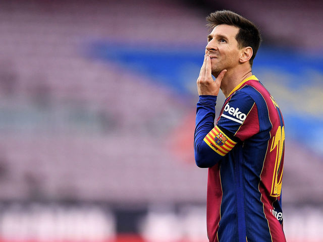BARCELONA, SPAIN - MAY 16: Lionel Messi of FC Barcelona looks on during the La Liga Santander match between FC Barcelona and RC Celta at Camp Nou on May 16, 2021 in Barcelona, Spain. Sporting stadiums around Spain remain under strict restrictions due to the Coronavirus Pandemic as Government social distancing laws prohibit fans inside venues resulting in games being played behind closed doors.