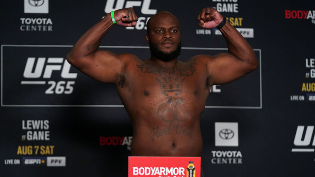 HOUSTON, TEXAS - AUGUST 06: Derrick Lewis poses on the scale during the UFC 265 official weigh-in at Hyatt Regency Houston on August 06, 2021 in Houston, Texas.