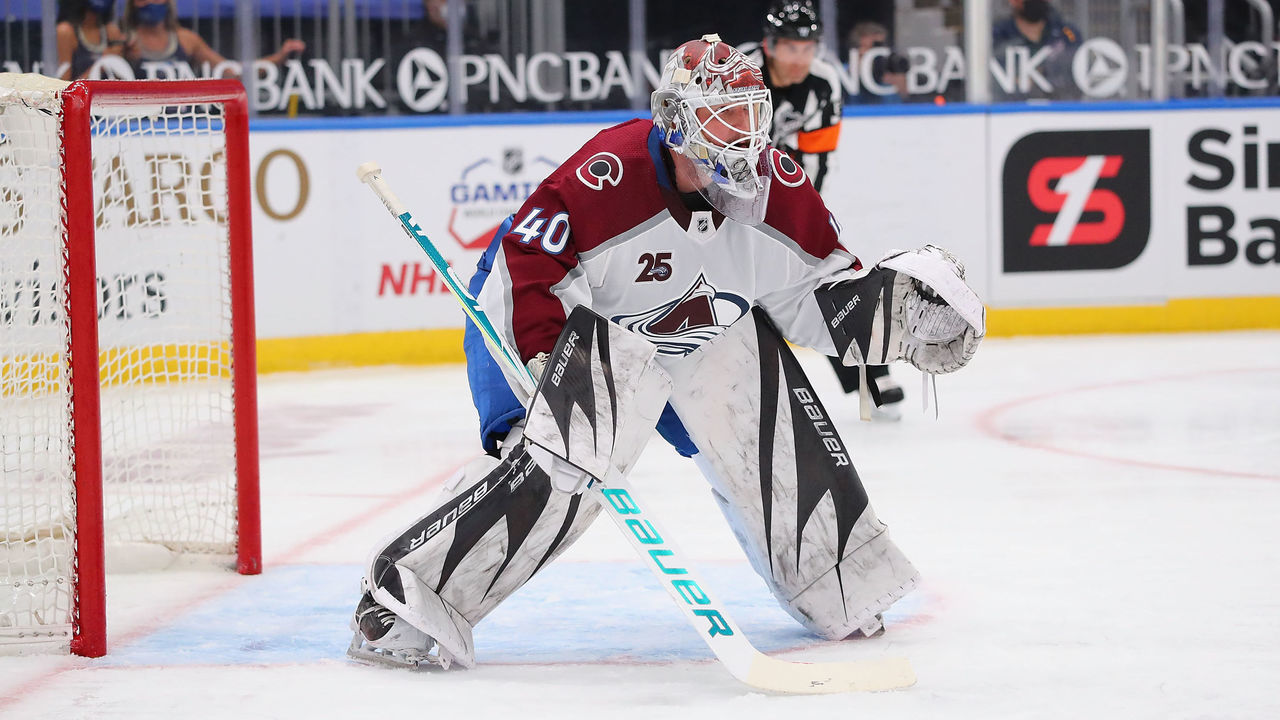 ST LOUIS, MO - APRIL 22: Devan Dubnyk #40 of the Colorado Avalanche defends against the St. Louis Blues at Enterprise Center on April 22, 2021 in St Louis, Missouri.