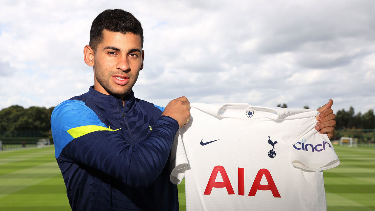 ENFIELD, ENGLAND - AUGUST 06: New Tottenham Hotspur signing poses Cristian Romero for a photo at Tottenham Hotspur Training Centre on August 06, 2021 in Enfield, England.