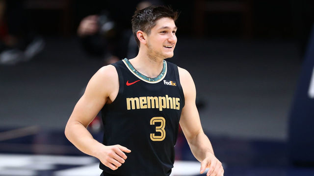 DENVER, CO - APRIL 26: Grayson Allen #3 of the Memphis Grizzlies reacts before the game against the Denver Nuggets at Ball Arena on April 26, 2021 in Denver, Colorado.