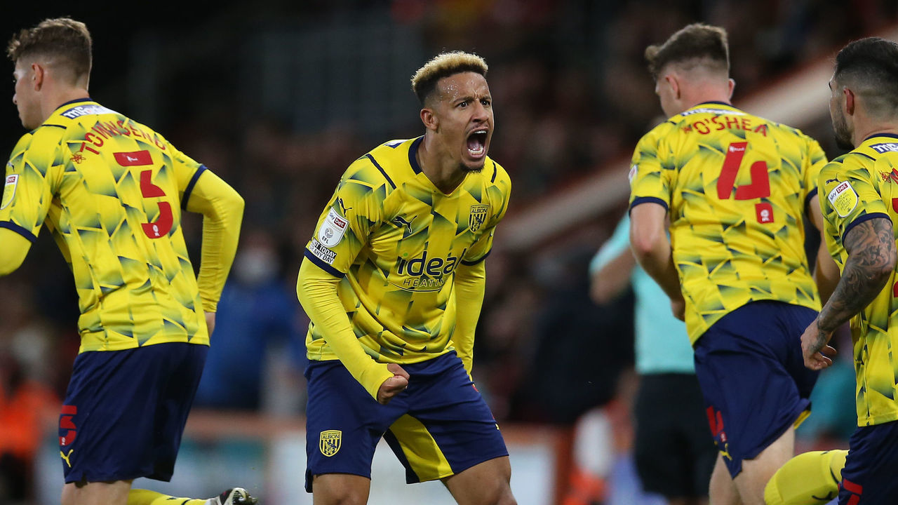 BOURNEMOUTH, ENGLAND - AUGUST 06: Callum Robinson of West Bromwich Albion celebrates scoring their 2nd goal during the Sky Bet Championship match between AFC Bournemouth and West Bromwich Albion at Vitality Stadium on August 06, 2021 in Bournemouth, England.