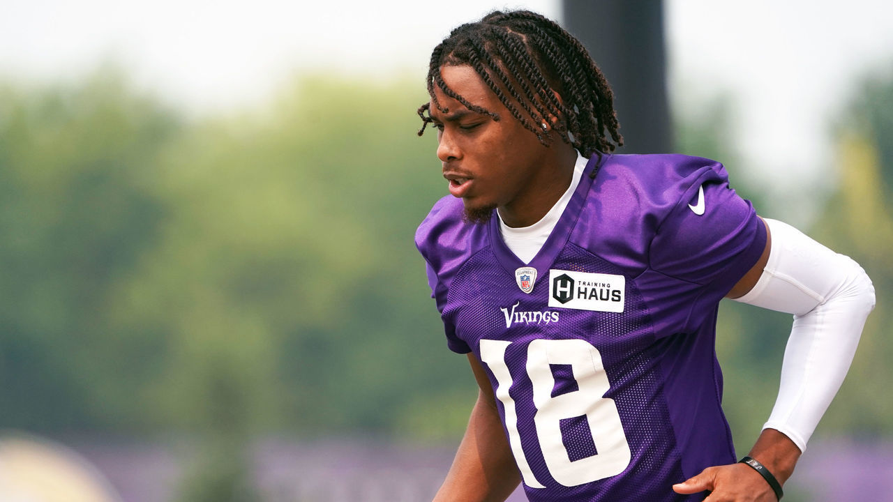 EAGAN, MN - JULY 29: Minnesota Vikings wide receiver Justin Jefferson (18) runs to the field before training camp at Twin Cities Orthopedics Performance Center in Eagan, MN on July 29, 2021.