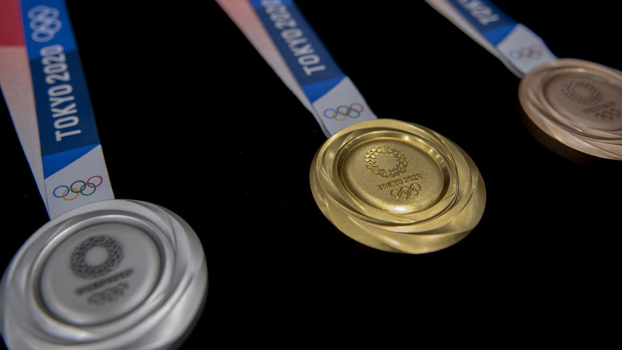 The silver, gold and bronze medals are unveiled in the Tokyo 2020 medal design unveiling ceremony during Tokyo 2020 Olympic Games "One Year To Go" ceremony at Tokyo International Forum on July 24, 2019 in Tokyo, Japan.