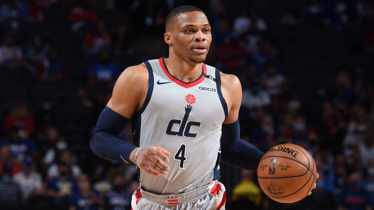 PHILADELPHIA, PA - JUNE 2: Russell Westbrook #4 of the Washington Wizards handles the ball against the Philadelphia 76ers during Round 1, Game 5 of the Eastern Conference Playoffs on June 2, 2021 at Wells Fargo Center in Philadelphia, Pennsylvania. NOTE TO USER: User expressly acknowledges and agrees that, by downloading and/or using this Photograph, user is consenting to the terms and conditions of the Getty Images License Agreement. Mandatory Copyright Notice: Copyright 2021 NBAE