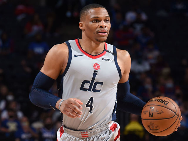 PHILADELPHIA, PA - JUNE 2: Russell Westbrook #4 of the Washington Wizards handles the ball against the Philadelphia 76ers during Round 1, Game 5 of the Eastern Conference Playoffs on June 2, 2021 at Wells Fargo Center in Philadelphia, Pennsylvania. NOTE TO USER: User expressly acknowledges and agrees that, by downloading and/or using this Photograph, user is consenting to the terms and conditions of the Getty Images License Agreement. Mandatory Copyright Notice: Copyright 2021 NBAE