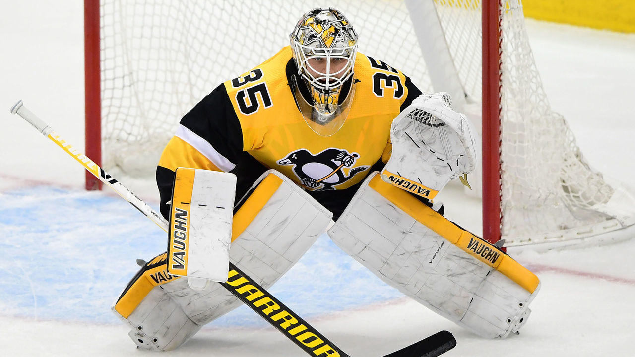 PITTSBURGH, PENNSYLVANIA - MAY 24: Tristan Jarry #35 of the Pittsburgh Penguins waits for a shot on goal by the New York Islanders during the first overtime period in Game Five of the First Round of the 2021 Stanley Cup Playoffs at PPG PAINTS Arena on May 24, 2021 in Pittsburgh, Pennsylvania.