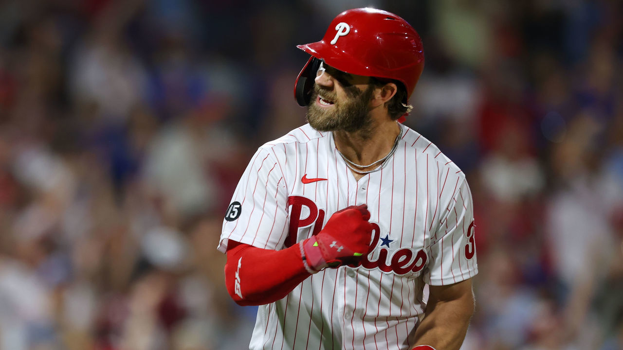 PHILADELPHIA, PA - AUGUST 06: Bryce Harper #3 of the Philadelphia Phillies reacts after he hit a two-run home run against the New York Mets during the eighth inning of a game at Citizens Bank Park on August 6, 2021 in Philadelphia, Pennsylvania. The Phillies defeated the Mets 4-2.