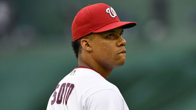 WASHINGTON, DC - JULY 31: Washington Nationals right fielder Juan Soto (22) looks into the stands during the Chicago Cubs versus Washington Nationals MLB game at Nationals Park on July 31, 2021 in Washington, D.C..