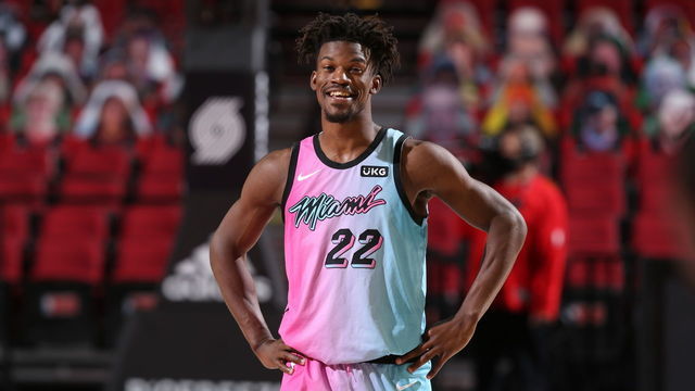 PORTLAND, OR - APRIL 11: Jimmy Butler #22 of the Miami Heat smiles during the game against the Portland Trail Blazers on April 11, 2021 at the Moda Center Arena in Portland, Oregon. Mandatory Copyright Notice: Copyright 2021 NBAE
