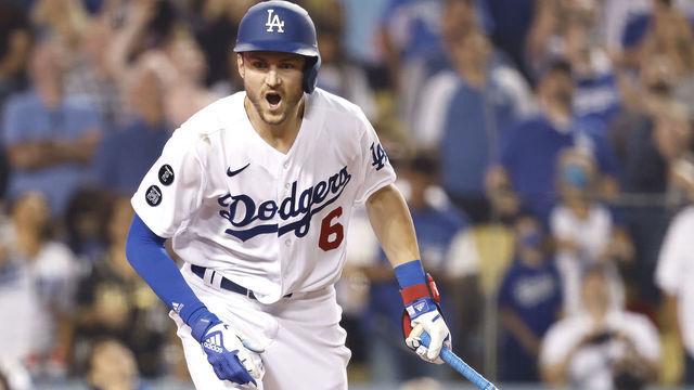 LOS ANGELES, CALIFORNIA - AUGUST 06: Trea Turner #6 of the Los Angeles Dodgers reacts as he flys out against the Los Angeles Angels during the ninth inning at Dodger Stadium on August 06, 2021 in Los Angeles, California.